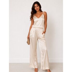 NWT Capulet Champagne Satin Jumpsuit Set Women S/M Wide Leg Tie Strap